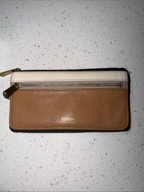 Fossil Two-Tone Leather Zip Card Wallet - Tan & Cream